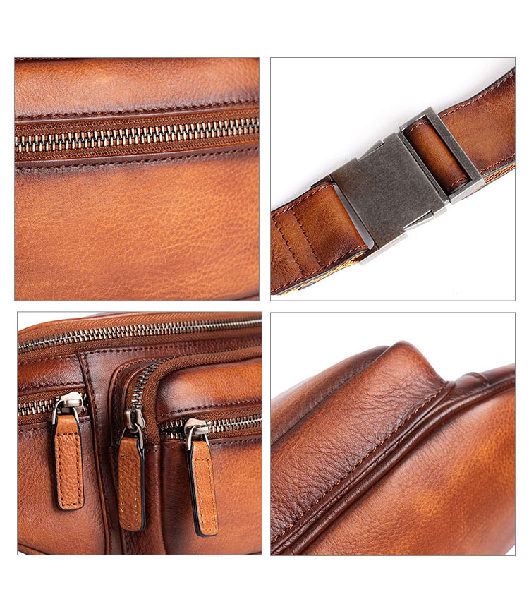 Whatna アンティーク風合い鞣し天 然 牛革 ウエストポーチ ウエストバッグ メンズ ミニショルダーバッグ 手作業で作 男女兼用 本革 斜めがけ ボディバッグ ワンショルダー 軽量 ブラウン 黒15010-6