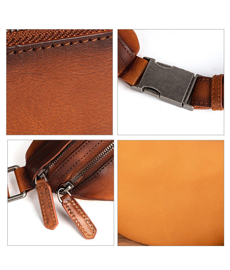 Whatna アンティーク風合い鞣し天 然 牛革ミニウエストポーチ ウエストバッグ メンズ ミニショルダーバッグ 手作業で作 男女兼用 本革 斜めがけ ボディバッグ ワンショルダー 軽量 ブラウン 黒15013-6