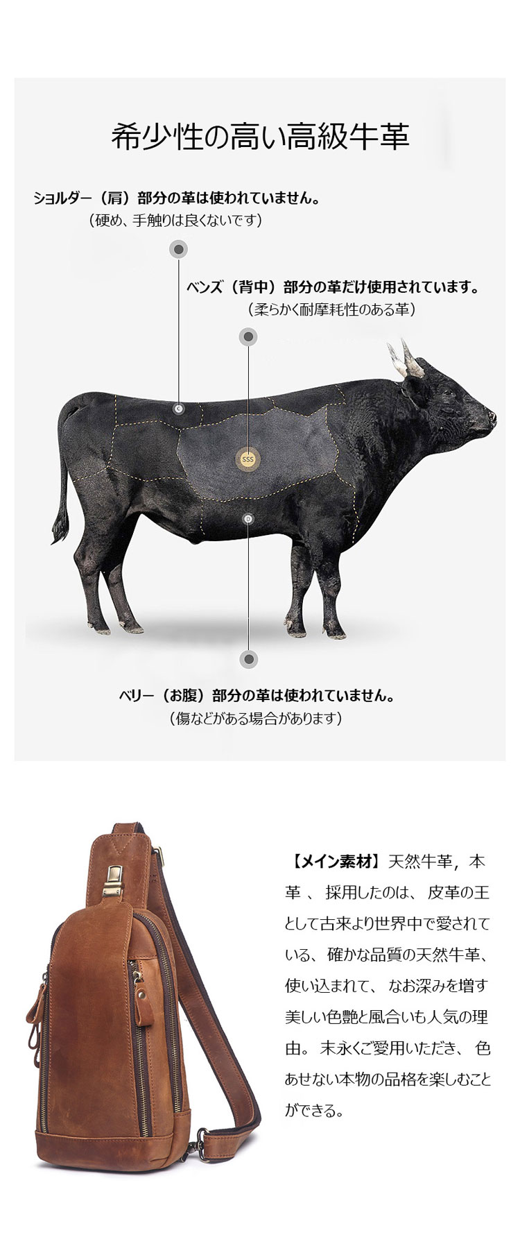 Whatna 天然 牛革 斜めがけ ボディバッグ ワンショルダー メンズ 左右付け替え可能 本革 厚手  レザー062-6