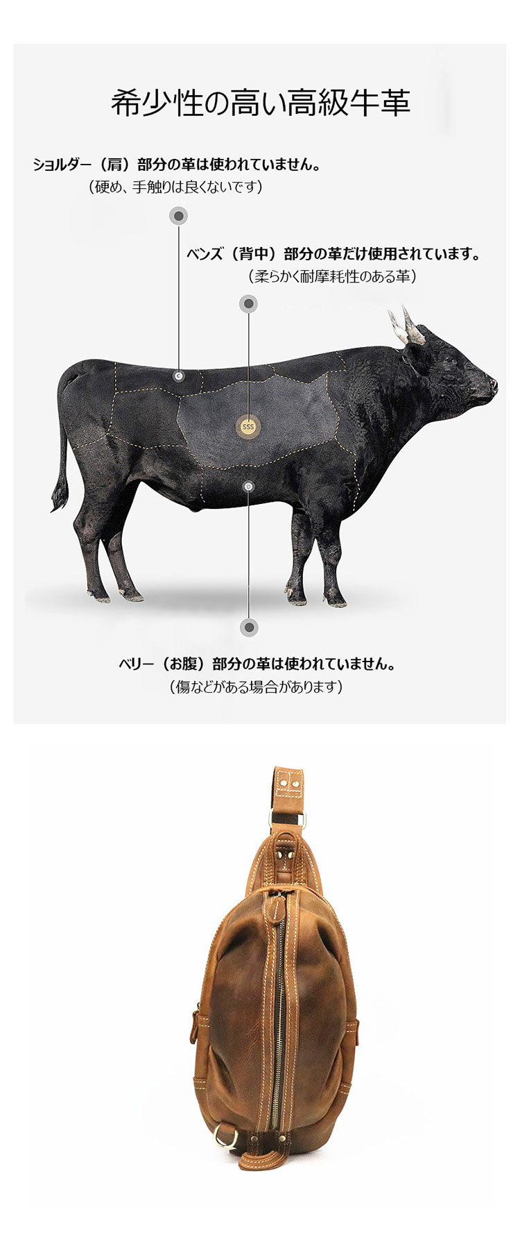 Whatna 天然 牛革 斜めがけ ボディバッグ ワンショルダー メンズ 左右付け替え可能 本革 厚手  レザー3157-7