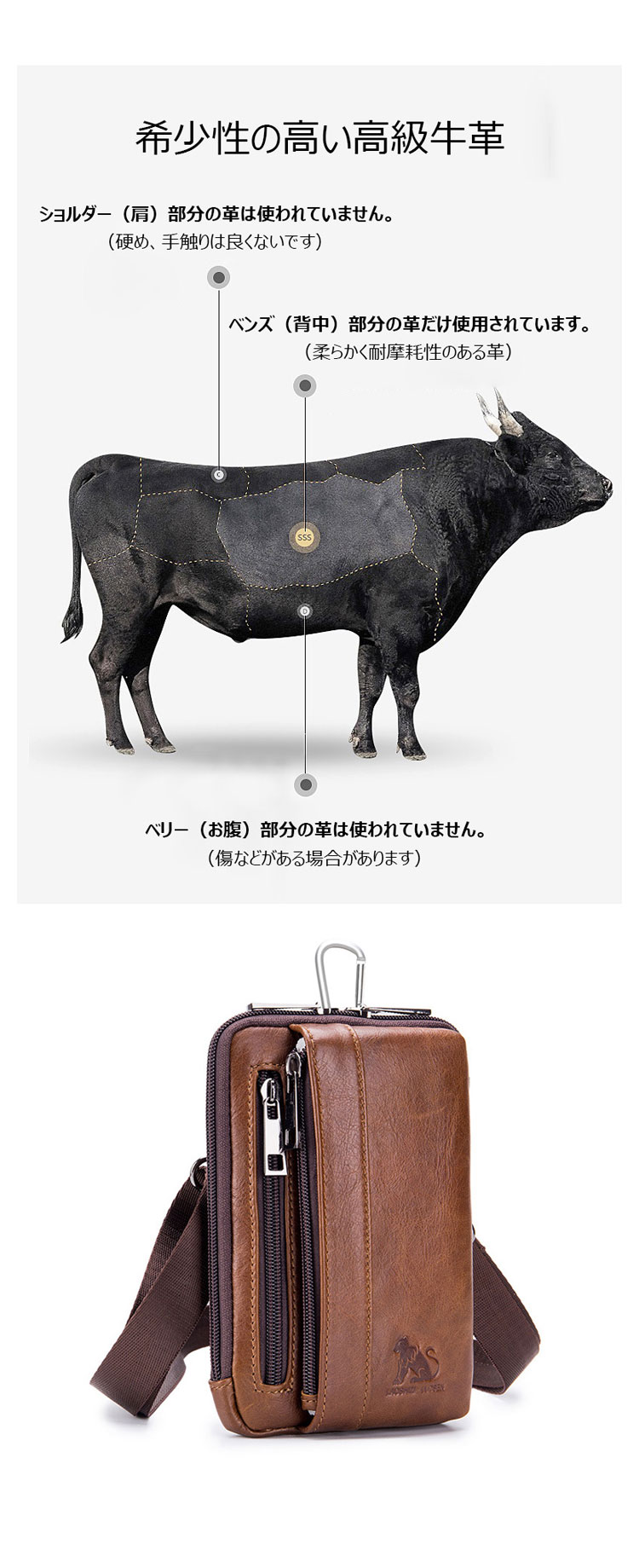 Whatna 天然 牛革 ミニショルダーバッグ メンズ 4way斜め掛け ミニ サコッシュ カラビナポーチ ベルトループ ポーチ ミニ ウエストバッグ 横または縦にご利用可 カラビナ付き ショルダーベルト付 本 革  通学 通勤 ミニバッグ 紳士用 男性用 91118-6