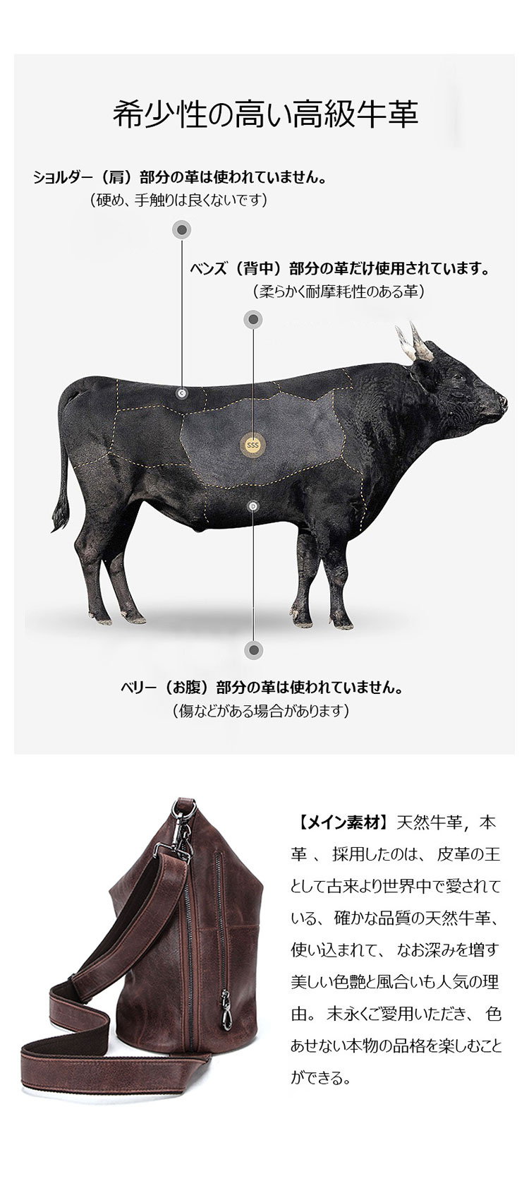 Whatna 天然 牛革 斜めがけ ボディバッグ ワンショルダー 本革 厚手  レザーMB146-4