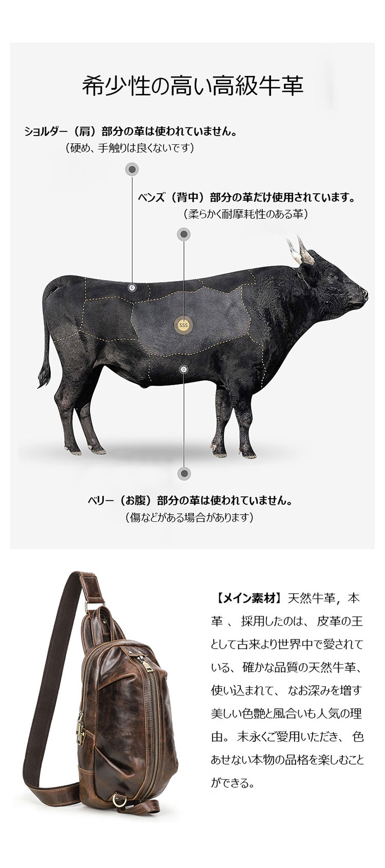 Whatna 天然 牛革 斜めがけ ボディバッグ ワンショルダー メンズ 左右付け替え可能 本革 厚手 レザー ブラウン MB192-5