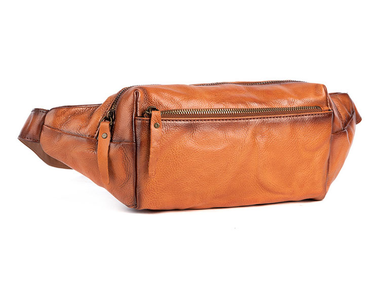 Whatna アンティーク風合い鞣し天 然 牛革ミニウエストポーチ ウエストバッグ メンズ ミニショルダーバッグ 手作業で作 男女兼用 本革 斜めがけ ボディバッグ ワンショルダー 軽量 ブラウン 黒15015-3