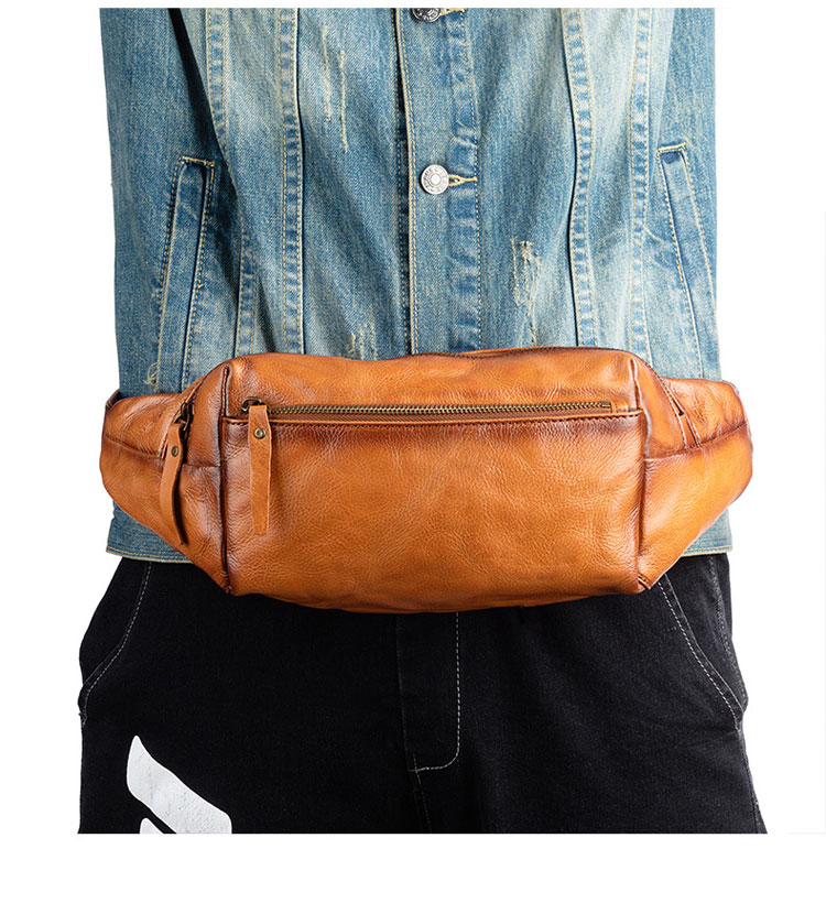 Whatna アンティーク風合い鞣し天 然 牛革ミニウエストポーチ ウエストバッグ メンズ ミニショルダーバッグ 手作業で作 男女兼用 本革 斜めがけ ボディバッグ ワンショルダー 軽量 ブラウン 黒15015-5