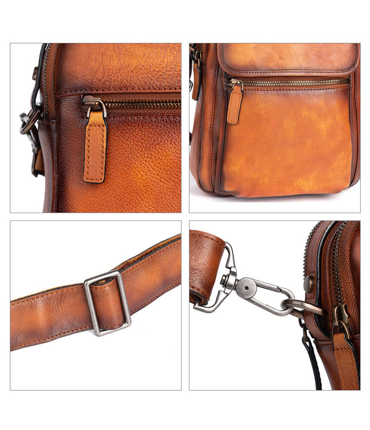 Whatna アンティーク風合い鞣し天 然 牛革ショルダーバッグ メンズ 2way 斜め掛け 手提げバッグ ポシェットポ2室仕切 小さめ メッセンジャーバッグ 通学 通勤バッグ 肩掛けバッグ 自転車かばん プレゼント男性 ブラウン 13646-8