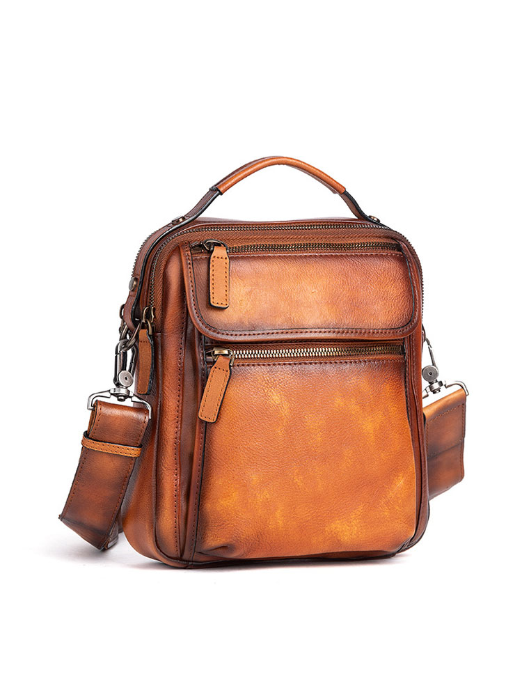 Whatna アンティーク風合い鞣し天 然 牛革ショルダーバッグ メンズ 2way 斜め掛け 手提げバッグ ポシェットポ2室仕切 小さめ メッセンジャーバッグ 通学 通勤バッグ 肩掛けバッグ 自転車かばん プレゼント男性 ブラウン 13646-1