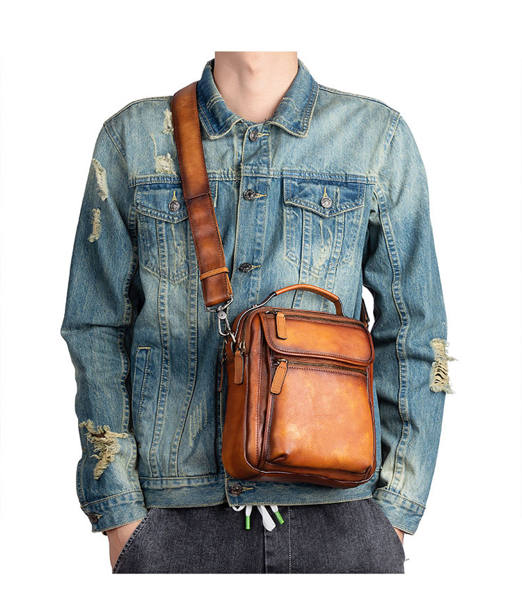 Whatna アンティーク風合い鞣し天 然 牛革ショルダーバッグ メンズ 2way 斜め掛け 手提げバッグ ポシェットポ2室仕切 小さめ メッセンジャーバッグ 通学 通勤バッグ 肩掛けバッグ 自転車かばん プレゼント男性 ブラウン 13646-9