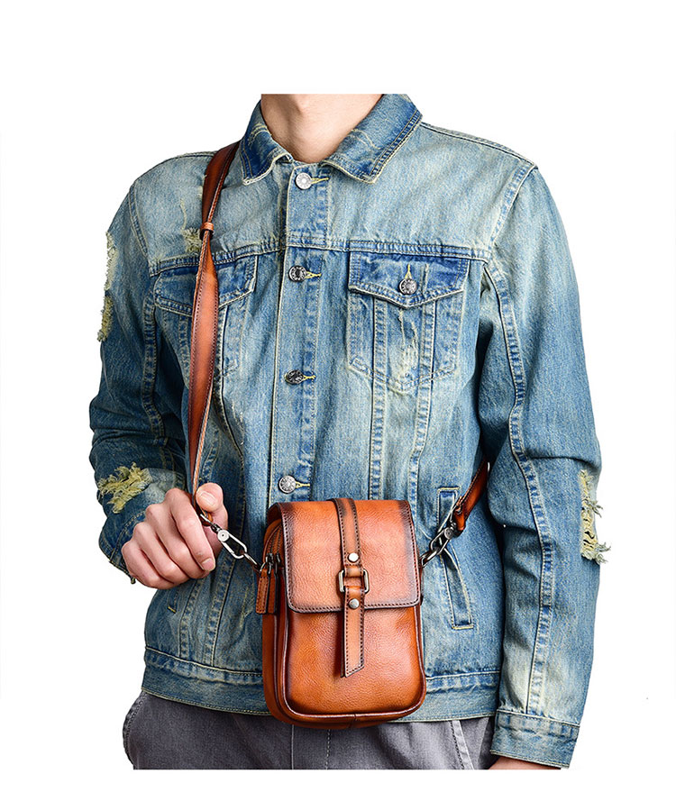 Whatna アンティーク風合い鞣し天 然 牛革ミニショルダーバッグ メンズ ポシェット メッセンジャーバッグ小さめ ショルダーミニポーチ 縦型 ipad mini収納可 本革 通勤 通学 斜めがけバッグ 自転車 かばん男性用 黒ブラウン13678-9