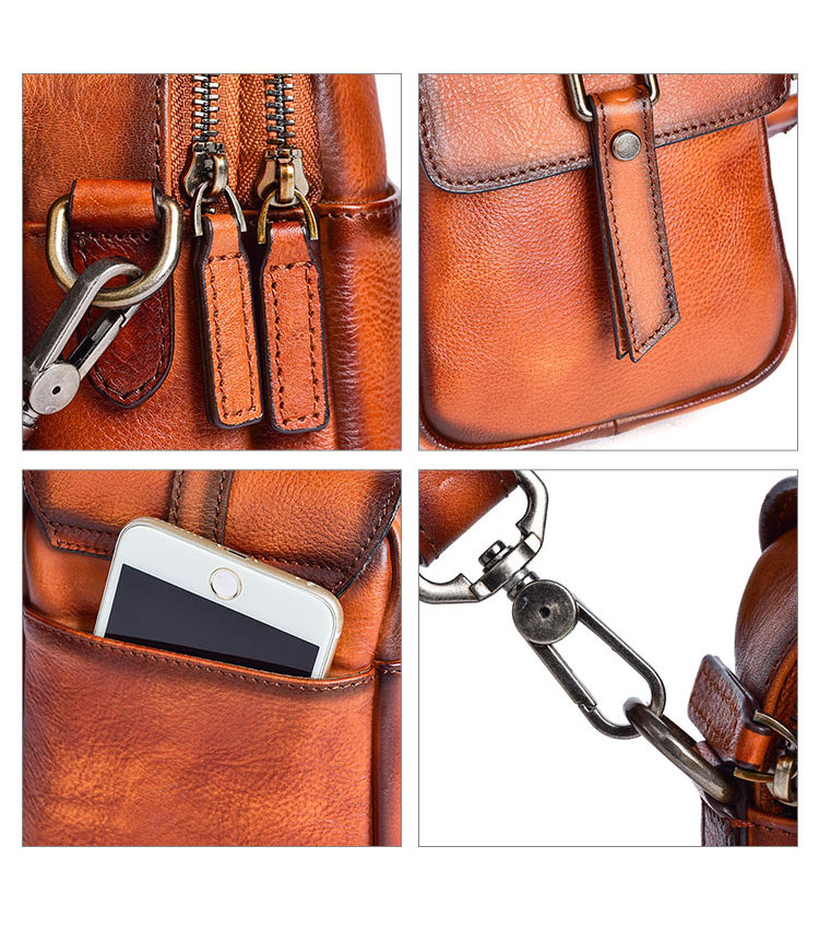 Whatna アンティーク風合い鞣し天 然 牛革ミニショルダーバッグ メンズ ポシェット メッセンジャーバッグ小さめ ショルダーミニポーチ 縦型 ipad mini収納可 本革 通勤 通学 斜めがけバッグ 自転車 かばん男性用 黒ブラウン13678-8