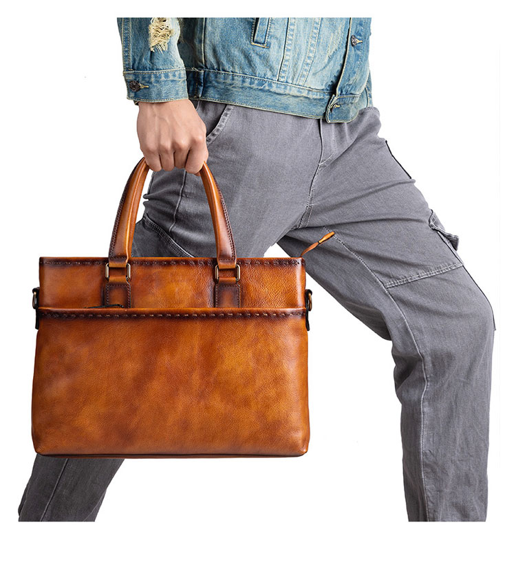 Whatna アンティーク風合い鞣し天 然 牛革 ビジネス バッグメンズ 2way ショルダー 手提げバッグブリーフケース 14インチPC対応 ショルダーストラップ付 旅行 出張 通勤 通学 就活 面接 バッグ かばん 男性用 13519-10