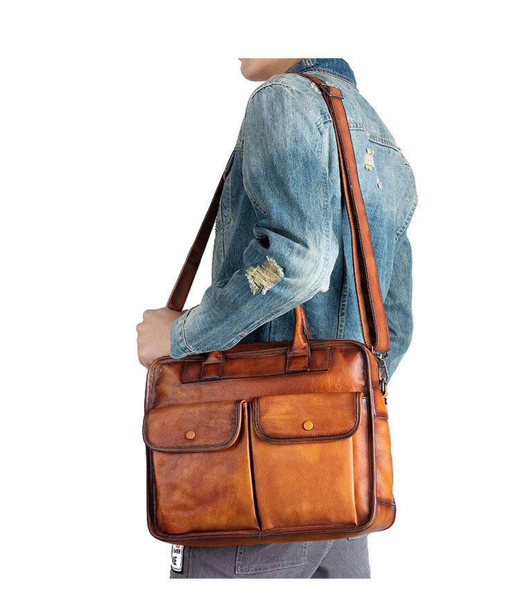 Whatna アンティーク風合い鞣し天 然 牛革 ビジネスバッグメンズ 2way ショルダー 手提げバッグブリーフケース ペン挿しx2 14インチPC対応 旅行 出張 通勤 通学 就活 面接 バッグ かばん 男性用13681-9