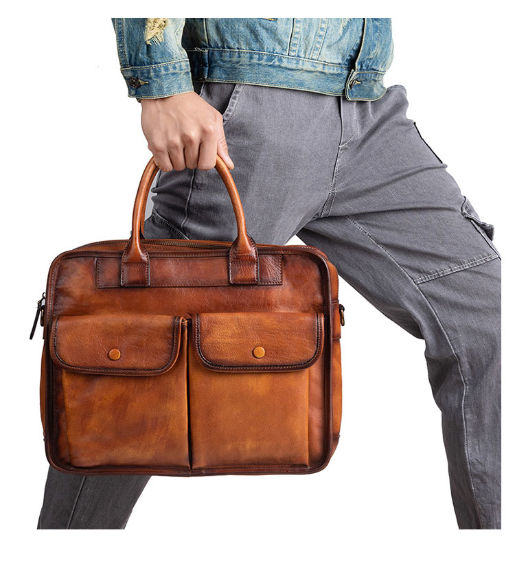 Whatna アンティーク風合い鞣し天 然 牛革 ビジネスバッグメンズ 2way ショルダー 手提げバッグブリーフケース ペン挿しx2 14インチPC対応 旅行 出張 通勤 通学 就活 面接 バッグ かばん 男性用13681-10