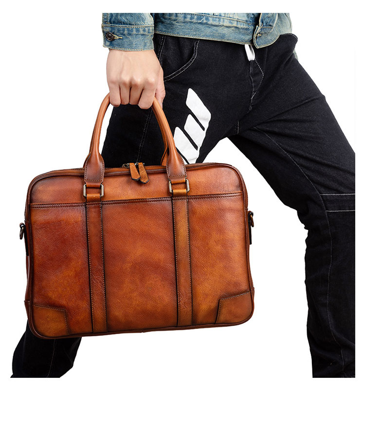 Whatna アンティーク風合い鞣し天 然 牛革 ビジネスバッグメンズ 2way ショルダー 手提げバッグブリーフケースダブルファスナー 2室仕切 15.6インチPC対応 旅行 出張 通勤 通学 就活 面接 バッグ かばん 男性用13345-10