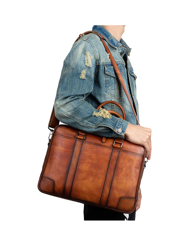 Whatna アンティーク風合い鞣し天 然 牛革 ビジネスバッグメンズ 2way ショルダー 手提げバッグブリーフケースダブルファスナー 2室仕切 15.6インチPC対応 旅行 出張 通勤 通学 就活 面接 バッグ かばん 男性用13345-9