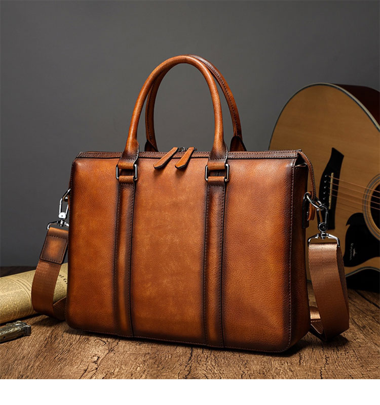 Whatna アンティーク風合い鞣し天 然 牛革 ビジネスバッグメンズ 2way ショルダー 手提げバッグブリーフケースダブルファスナー 15.6インチPC対応 旅行 出張 通勤 通学 就活 面接 バッグ かばん 男性用13330-5