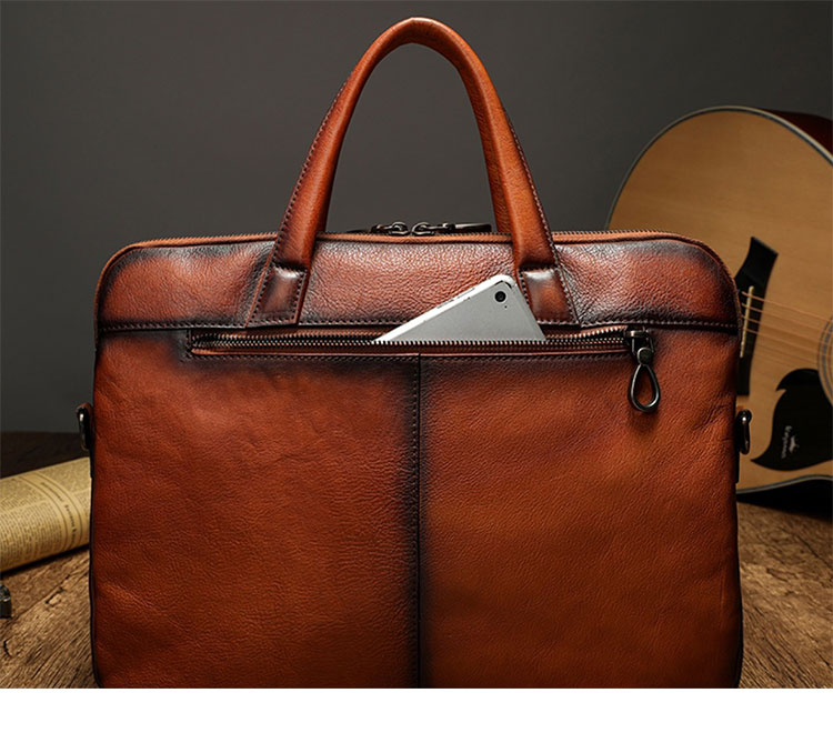 Whatna アンティーク風合い鞣し天 然 牛革 ビジネスバッグメンズ 2way ショルダー 手提げバッグブリーフケースダブルファスナー 2室仕切 15.6インチPC対応 旅行 出張 通勤 通学 就活 面接 バッグ かばん 男性用13558-4