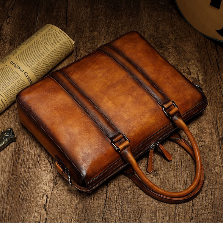 Whatna アンティーク風合い鞣し天 然 牛革 ビジネスバッグメンズ 2way ショルダー 手提げバッグブリーフケースダブルファスナー 15.6インチPC対応 旅行 出張 通勤 通学 就活 面接 バッグ かばん 男性用13330-4