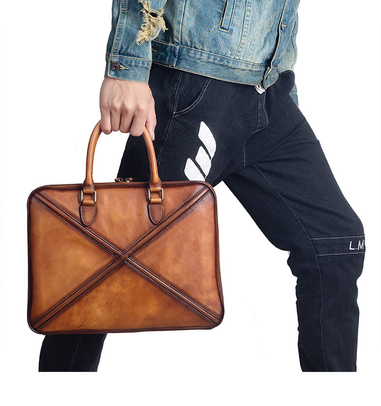 Whatnaアンティーク風合い鞣し天 然 牛革 ビジネスバッグメンズ 2way ショルダー 手提げバッグブリーフケースダブルファスナー 2室仕切 15インチPC対応 旅行 出張 通勤 通学 就活 面接 バッグ かばん 男性用13666-10