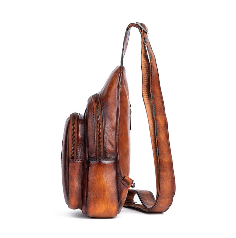 Whatna アンティーク風合い鞣し天 然牛 革 斜めがけ ボディバッグ ワンショルダー メンズ 本革 厚手  レザーイヤホン穴付 13541-4