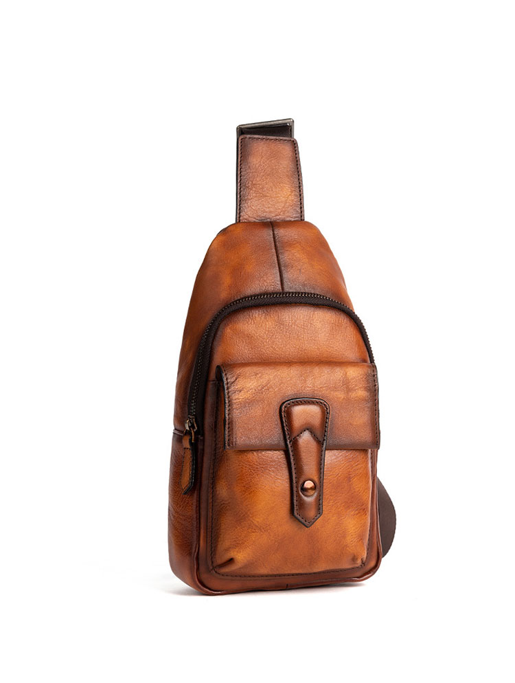 Whatnaアンティーク風合い鞣し天 然牛 革 斜めがけ ボディバッグ ワンショルダー メンズ 本革 厚手 レザー12002-1