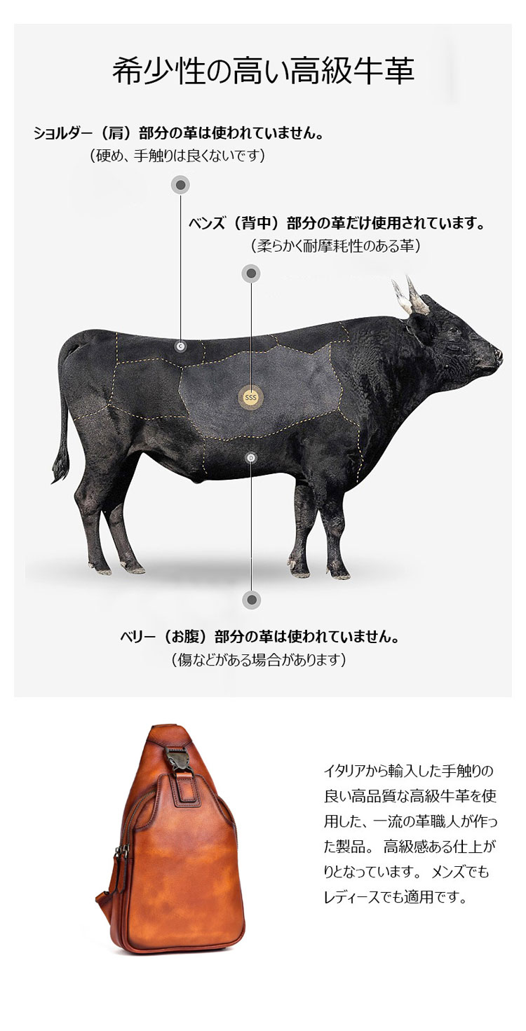 Whatna アンティーク風合い鞣し天 然牛 革 斜めがけ ボディバッグ ワンショルダー メンズ 本革 厚手 レザー13547-7