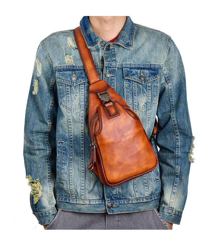 Whatna アンティーク風合い鞣し天 然牛 革 斜めがけ ボディバッグ ワンショルダー メンズ 本革 厚手 レザー13547-9