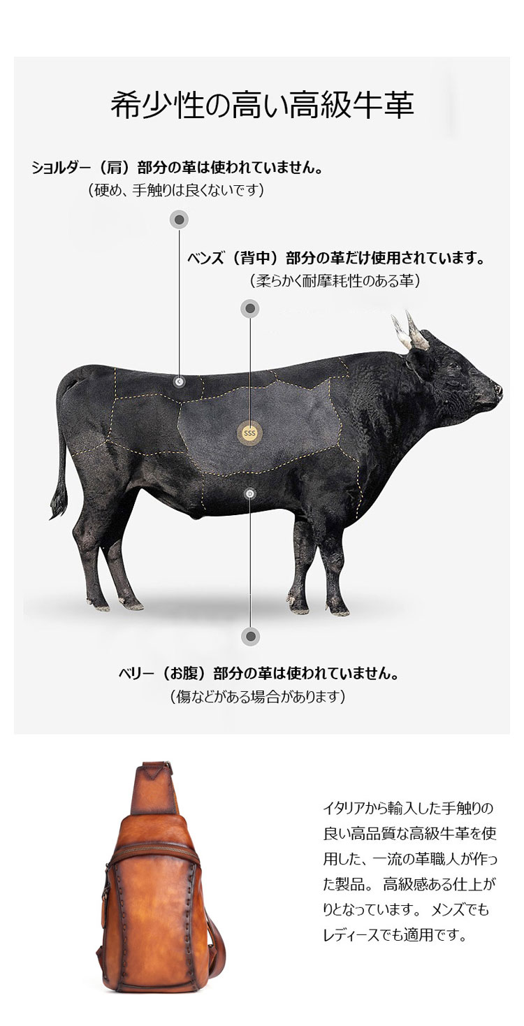 Whatna アンティーク風合い鞣し天 然牛 革 斜めがけ ボディバッグ ワンショルダー メンズ 本革 厚手 レザー13543-8