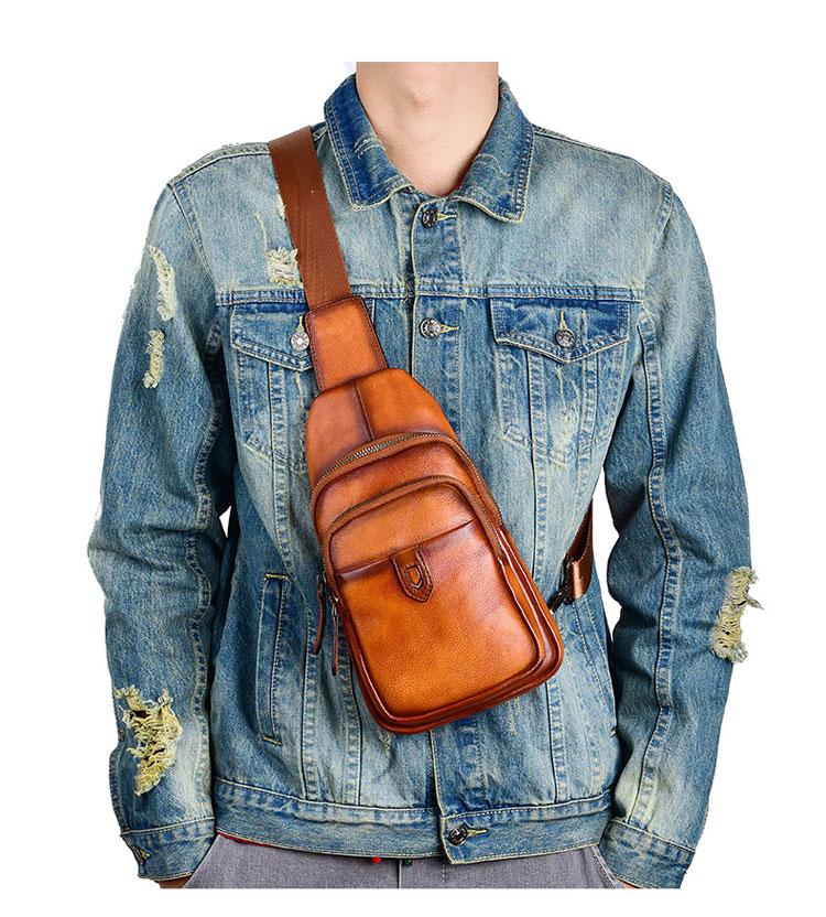 Whatna アンティーク風合い鞣し天 然牛 革 斜めがけ ボディバッグ ワンショルダー メンズ 本革 厚手 レザー13606-9