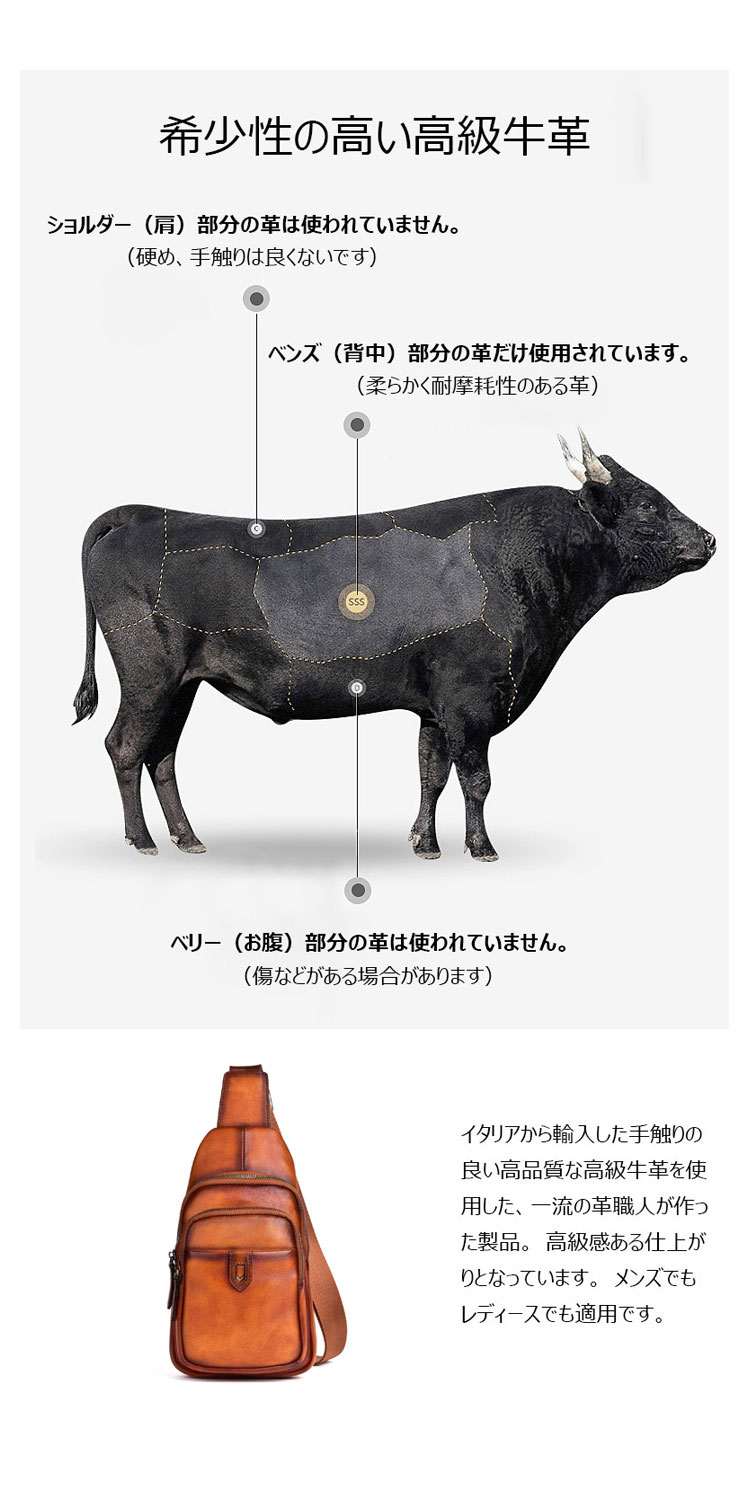 Whatna アンティーク風合い鞣し天 然牛 革 斜めがけ ボディバッグ ワンショルダー メンズ 本革 厚手 レザー13606-7