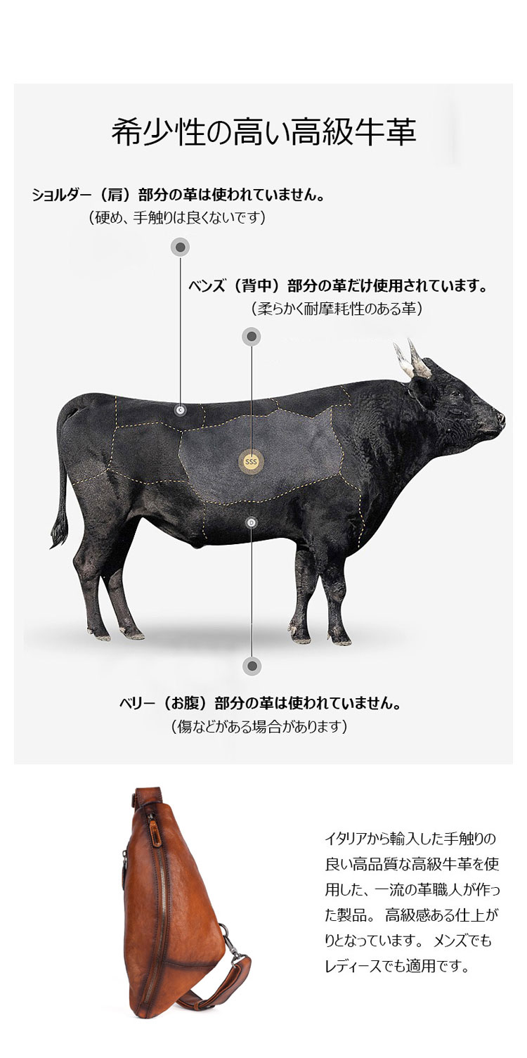 Whatnaアンティーク風合い鞣し天 然牛 革 斜めがけ ボディバッグ ワンショルダー メンズ 本革 厚手  レザー左右付け替え可能 12045-7