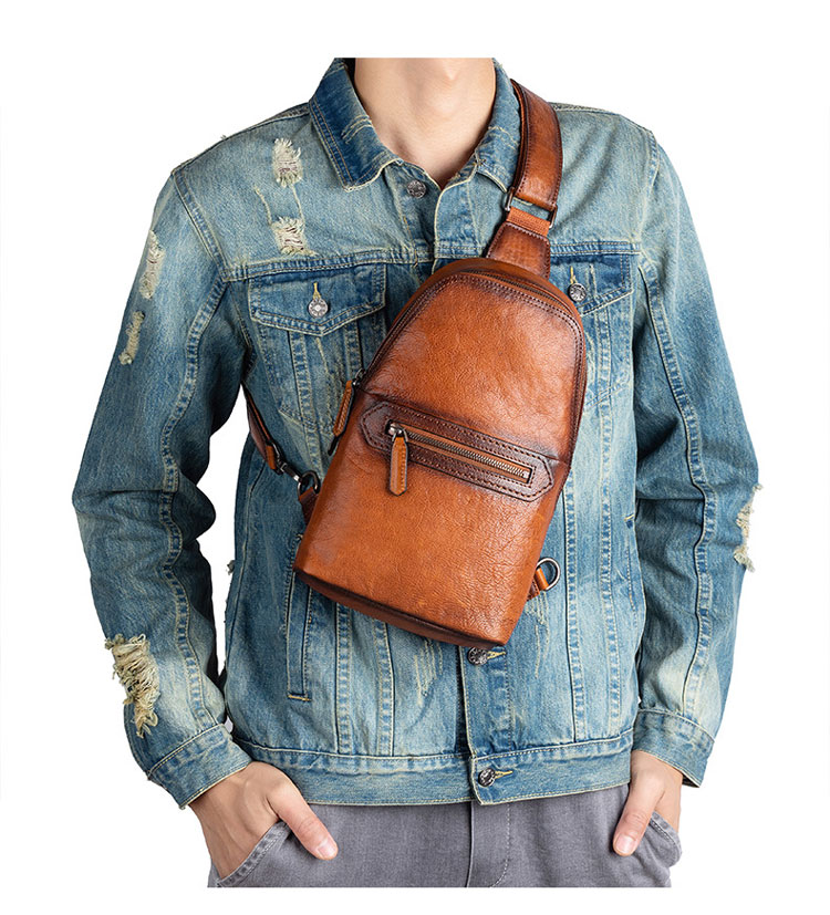 Whatnaアンティーク風合い鞣し天 然牛 革 斜めがけ ボディバッグ ワンショルダー メンズ 左右付け替え可能 本革 厚手  レザー12039-9