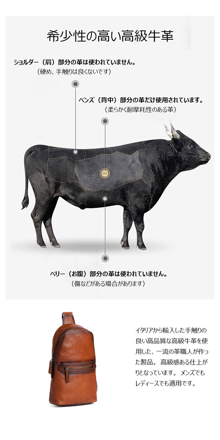 Whatnaアンティーク風合い鞣し天 然牛 革 斜めがけ ボディバッグ ワンショルダー メンズ 左右付け替え可能 本革 厚手  レザー12039-7