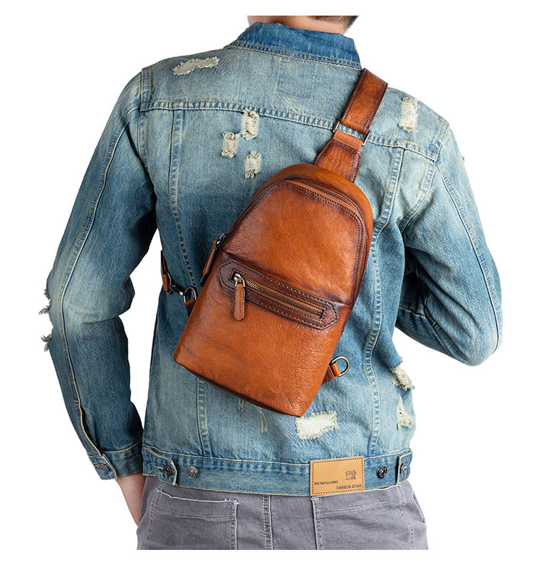 Whatnaアンティーク風合い鞣し天 然牛 革 斜めがけ ボディバッグ ワンショルダー メンズ 左右付け替え可能 本革 厚手  レザー12039-10
