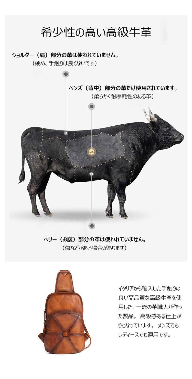 Whatna アンティーク風合い鞣し天 然牛 革 斜めがけ ボディバッグ ワンショルダー メンズ 左右付け替え可能 本革 厚手  レザー13309-7