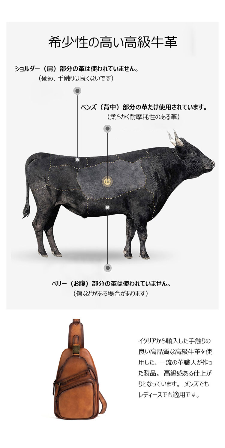 Whatna アンティーク風合い鞣し天 然牛 革 斜めがけ ボディバッグ ワンショルダー メンズ 本革 厚手  レザー13618-7