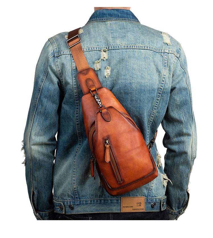 Whatna アンティーク風合い鞣し天 然牛 革 斜めがけ ボディバッグ ワンショルダー メンズ 左右付け替え可能 本革 厚手 レザー13318-10