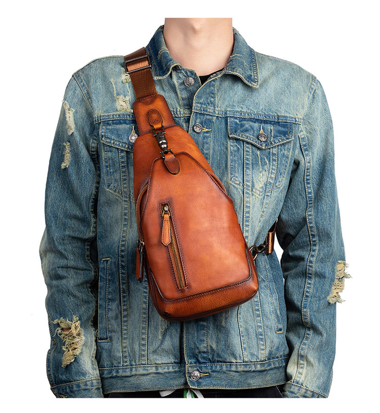 Whatna アンティーク風合い鞣し天 然牛 革 斜めがけ ボディバッグ ワンショルダー メンズ 左右付け替え可能 本革 厚手 レザー13318-9