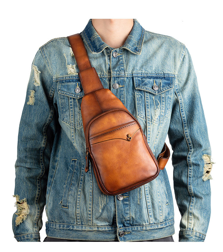 Whatna アンティーク風合い鞣し天 然牛 革 斜めがけ ボディバッグ ワンショルダー メンズ 本革 厚手  レザー12033-9