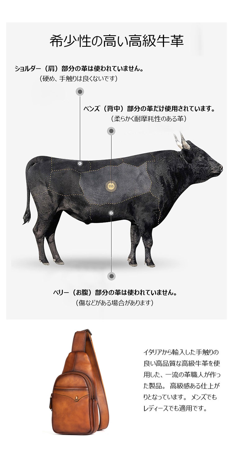 Whatna アンティーク風合い鞣し天 然牛 革 斜めがけ ボディバッグ ワンショルダー メンズ 本革 厚手  レザー12033-7