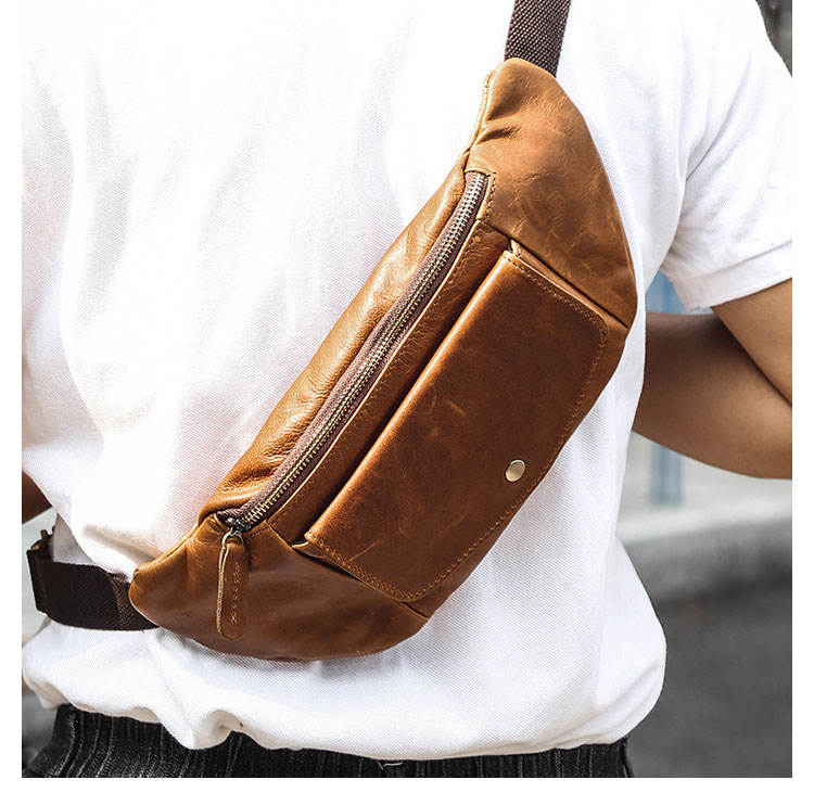 Whatna 天然 牛革 ウエストポーチ ウエストバッグ メンズ ミニショルダーバッグ 手作業で作 男女兼用 本革 斜めがけ ボディバッグ ワンショルダー 軽量 ブラウン 6363-7