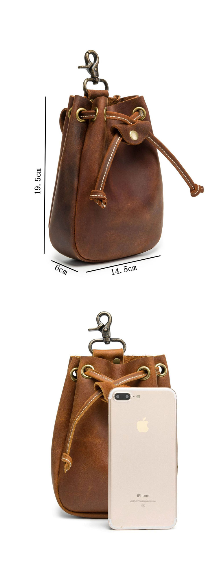 Whatna 天然 厚手 牛革 小銭入れ コインケース メンズ レディース カラビナ付き 本革 財布 巾着袋  ミニジュエリーボック イヤホン収納ケース 本 革 防 水 Q007-5