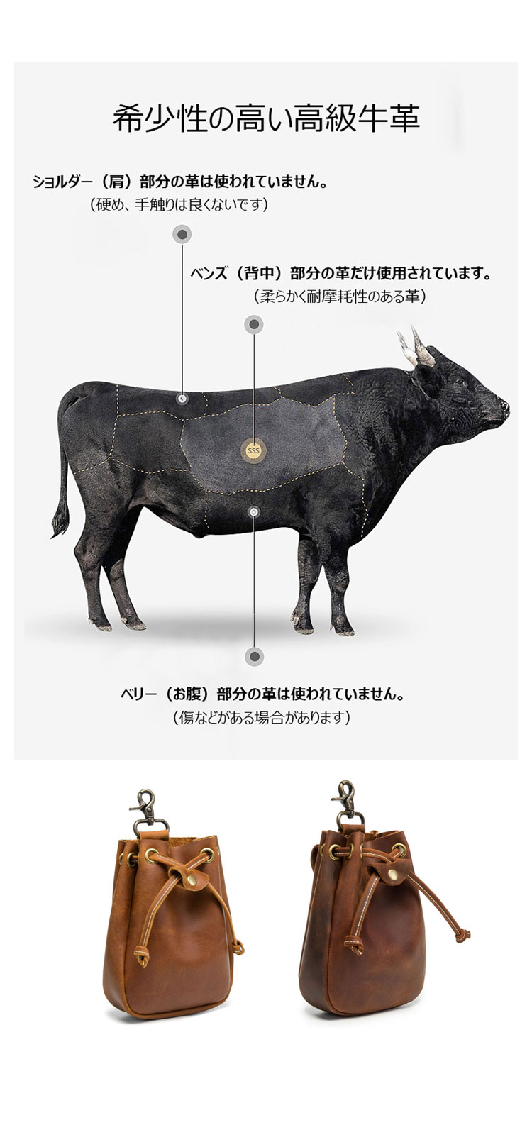 Whatna 天然 厚手 牛革 小銭入れ コインケース メンズ レディース カラビナ付き 本革 財布 巾着袋  ミニジュエリーボック イヤホン収納ケース 本 革 防 水 Q007-7