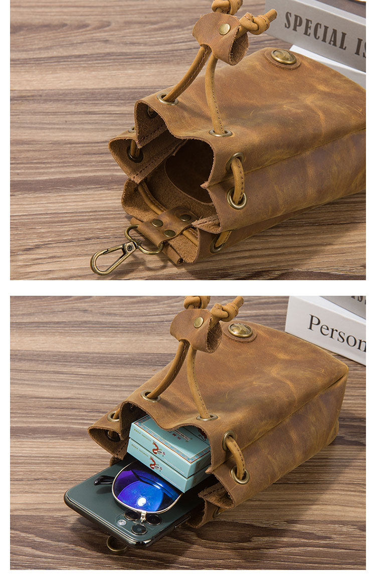 Whatna 天然 厚手 牛革 小銭入れ コインケース メンズ レディース 2way本革 ミニサコッシュ カラビナポーチ ベルトループ 6.5インチiphoneを収納可 巾着袋 ポーチミニ ウエストバッグ イヤホン収納ケース カラビナ付き-4