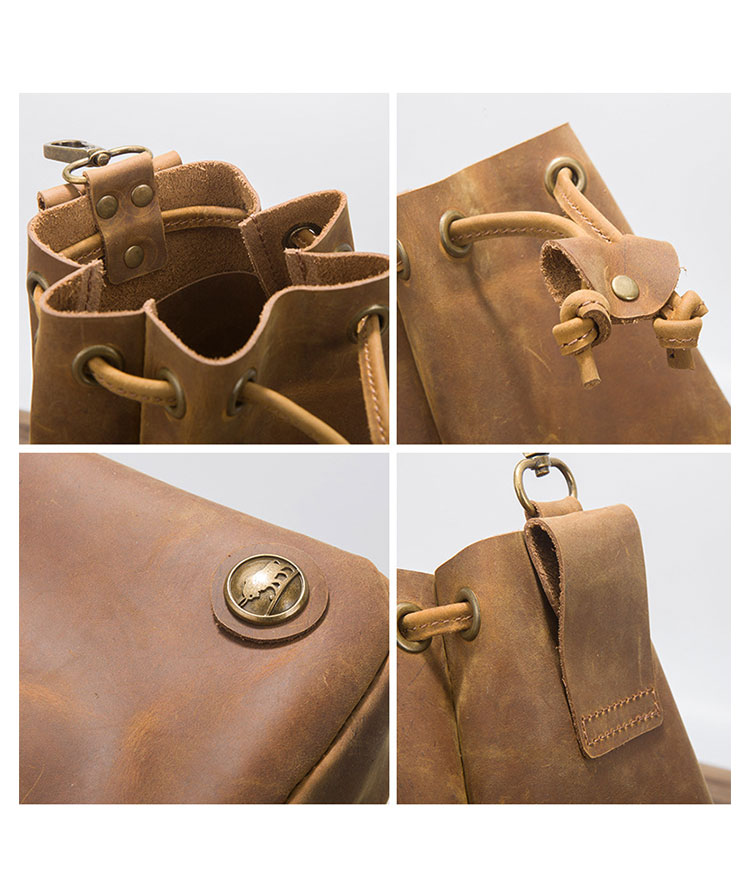 Whatna 天然 厚手 牛革 小銭入れ コインケース メンズ レディース 2way本革 ミニサコッシュ カラビナポーチ ベルトループ 6.5インチiphoneを収納可 巾着袋 ポーチミニ ウエストバッグ イヤホン収納ケース カラビナ付き-6