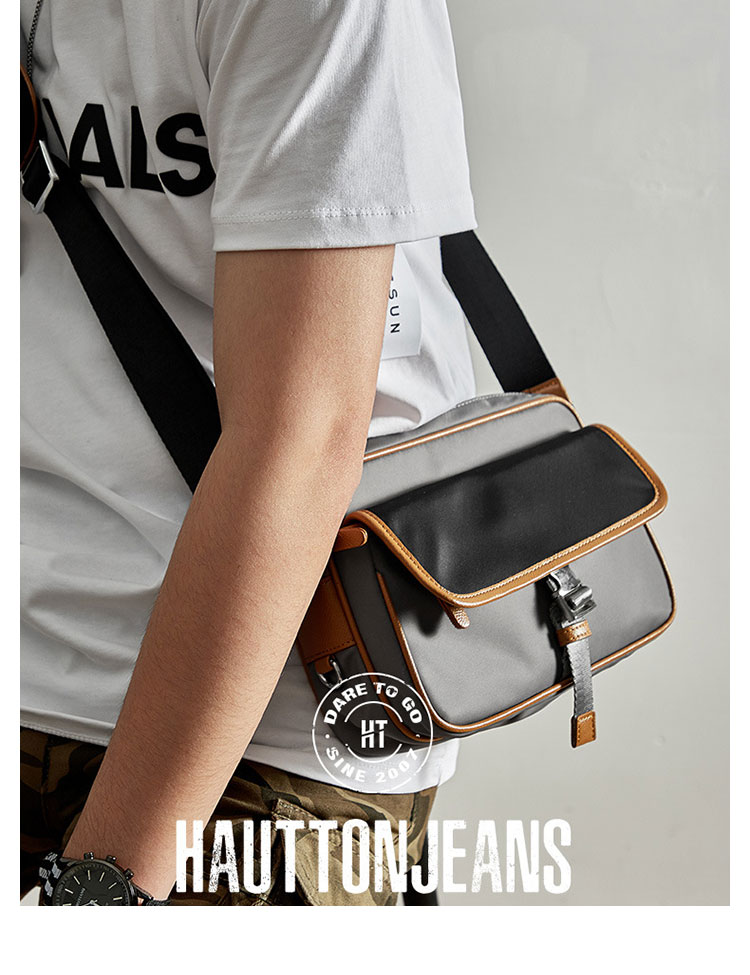 Whatna 革 ミニショルダーバッグ メンズ ポシェット メッセンジャーバッグ小さめ ショルダーミニポーチ レザーx防水オックスフォード生地  ipad mini収納可 横 型 本革 通勤 通学 斜めがけバッグ 自転車 かばん男性用 グレー-10