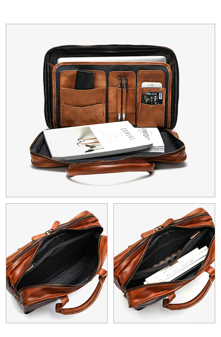 Whatna アンティーク風合い鞣し天 然 牛革 ビジネスバッグメンズ 2way ショルダー 手提げバッグ ブリーフケース ダブルファスナー 2室仕切 15.6インチPC対応 4本入ペンホルダー付  かばん 男性用Y9088-8