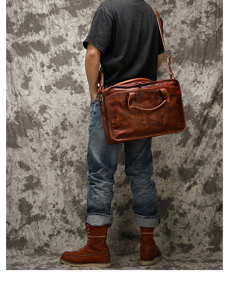 Whatna アンティーク風合い鞣し天 然 牛革 ビジネスバッグメンズ 2way ショルダー 手提げバッグ ブリーフケース ダブルファスナー 2室仕切 15.6インチPC対応 4本入ペンホルダー付  かばん 男性用Y9088-10