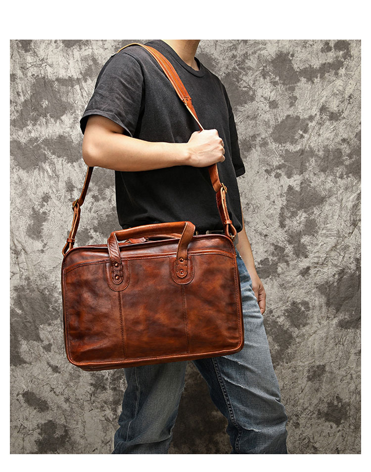 Whatna アンティーク風合い鞣し天 然 牛革 ビジネスバッグメンズ 2way ショルダー 手提げバッグ ブリーフケース ダブルファスナー 2室仕切 15.6インチPC対応 4本入ペンホルダー付  かばん 男性用Y9088-9