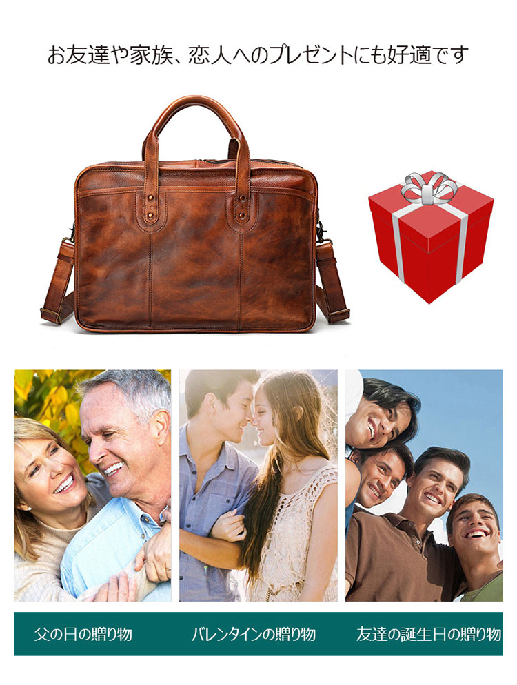 Whatna アンティーク風合い鞣し天 然 牛革 ビジネスバッグメンズ 2way ショルダー 手提げバッグ ブリーフケース ダブルファスナー 2室仕切 15.6インチPC対応 4本入ペンホルダー付  かばん 男性用Y9088-13